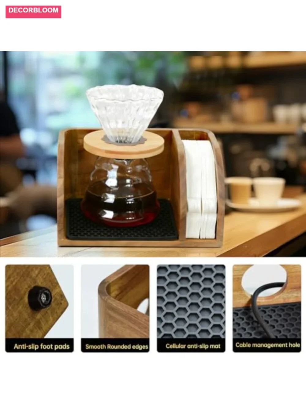 Acacia Wood Coffee Caddy Station Organizer for Chemex Pour Over Maker